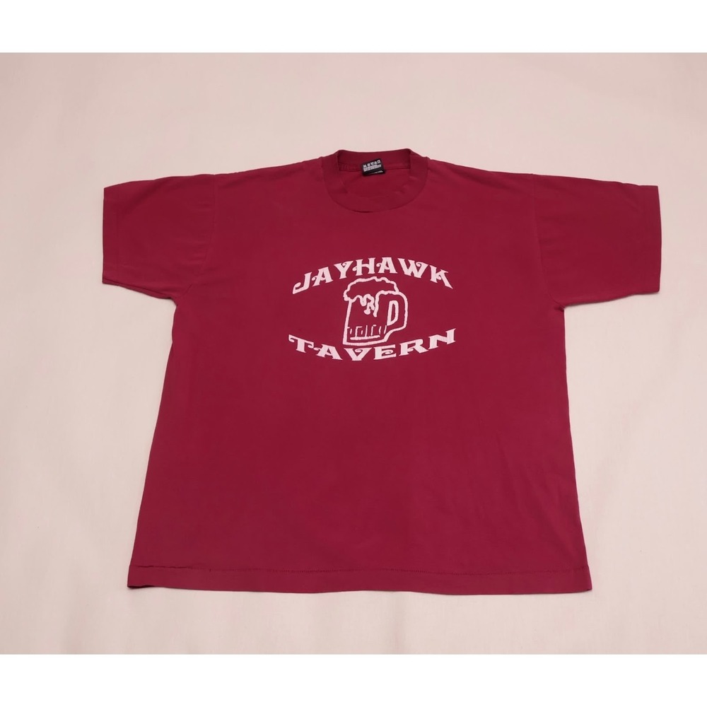 VTG Jayhawk Tavern Lawrence Kansas KU FOTL Graphic T-Shirt Adult XL Burgundy